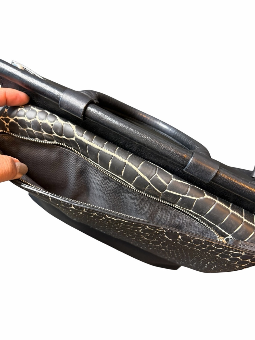 Black Leather Shoulder Bag with Grey Croc-Embossed Flap - Picture 12 of 15